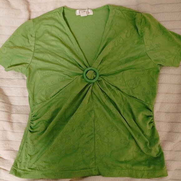 Y2K Vintage V-neck green top with floral print - Picture 1 of 2